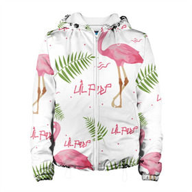 Женская куртка 3D с принтом Lil Peep pink flamingo в Новосибирске, ткань верха — 100% полиэстер, подклад — флис | прямой крой, подол и капюшон оформлены резинкой с фиксаторами, два кармана без застежек по бокам, один большой потайной карман на груди. Карман на груди застегивается на липучку | benz truck | girls. pink | gustav hr | hip hop | lil | lil peep | peep | rap | лил | лилпип | листья | пальма | пальмы | пип | розовый | рэп | фламинго | хип хоп | эмо | эмо реп