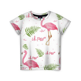 Детская футболка 3D с принтом Lil Peep pink flamingo в Новосибирске, 100% гипоаллергенный полиэфир | прямой крой, круглый вырез горловины, длина до линии бедер, чуть спущенное плечо, ткань немного тянется | Тематика изображения на принте: benz truck | girls. pink | gustav hr | hip hop | lil | lil peep | peep | rap | лил | лилпип | листья | пальма | пальмы | пип | розовый | рэп | фламинго | хип хоп | эмо | эмо реп