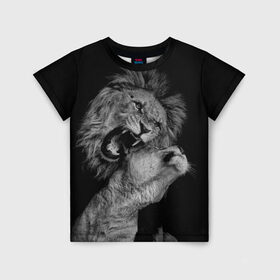 Детская футболка 3D с принтом Лев и львица в Новосибирске, 100% гипоаллергенный полиэфир | прямой крой, круглый вырез горловины, длина до линии бедер, чуть спущенное плечо, ткань немного тянется | животные | кот | кошка | лев | львица | оскал | природа | рык | рычит | хищник