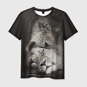 Мужская футболка 3D с принтом Лев и львица в Новосибирске, 100% полиэфир | прямой крой, круглый вырез горловины, длина до линии бедер | Тематика изображения на принте: животные | кот | кошка | лев | львица | оскал | природа | рык | рычит | хищник