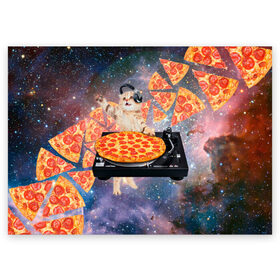 Поздравительная открытка с принтом Кот Диджей в Новосибирске, 100% бумага | плотность бумаги 280 г/м2, матовая, на обратной стороне линовка и место для марки
 | Тематика изображения на принте: cat | cosmos | dj | fast | fastfood | food | meme | party | pizza | space | вечеринка | диджей | еда | космос | кошак | кошка | мем | пицца | фастфуд