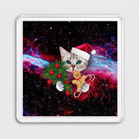 Магнит 55*55 с принтом astro cat в Новосибирске, Пластик | Размер: 65*65 мм; Размер печати: 55*55 мм | Тематика изображения на принте: art | cat | new year | pizza | space | абстракция | еда | ёлка | звезды | киса | космос | кот | кот в космосе | кот с едой | котенок | котик | кошка | новый год | пицца | праздник | рождество | шапка