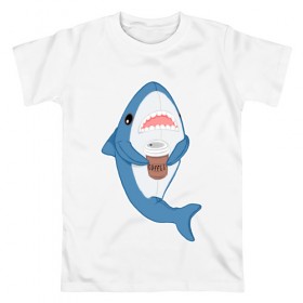 Мужская футболка хлопок с принтом Hype Shark в Новосибирске, 100% хлопок | прямой крой, круглый вырез горловины, длина до линии бедер, слегка спущенное плечо. | Тематика изображения на принте: coffee | cute | hype | kawaii | shark | акула | кофе | милый | море | рыба | хищник
