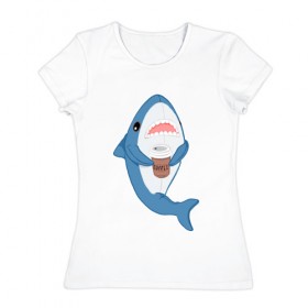 Женская футболка хлопок с принтом Hype Shark в Новосибирске, 100% хлопок | прямой крой, круглый вырез горловины, длина до линии бедер, слегка спущенное плечо | coffee | cute | hype | kawaii | shark | акула | кофе | милый | море | рыба | хищник