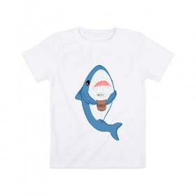 Детская футболка хлопок с принтом Hype Shark в Новосибирске, 100% хлопок | круглый вырез горловины, полуприлегающий силуэт, длина до линии бедер | coffee | cute | hype | kawaii | shark | акула | кофе | милый | море | рыба | хищник