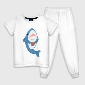 Детская пижама хлопок с принтом Hype Shark в Новосибирске, 100% хлопок |  брюки и футболка прямого кроя, без карманов, на брюках мягкая резинка на поясе и по низу штанин
 | coffee | cute | hype | kawaii | shark | акула | кофе | милый | море | рыба | хищник
