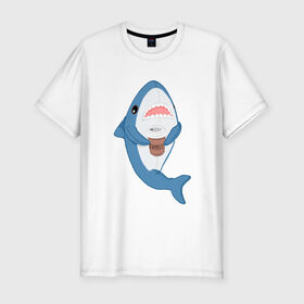 Мужская футболка премиум с принтом Hype Shark в Новосибирске, 92% хлопок, 8% лайкра | приталенный силуэт, круглый вырез ворота, длина до линии бедра, короткий рукав | coffee | cute | hype | kawaii | shark | акула | кофе | милый | море | рыба | хищник