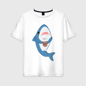 Женская футболка хлопок Oversize с принтом Hype Shark в Новосибирске, 100% хлопок | свободный крой, круглый ворот, спущенный рукав, длина до линии бедер
 | coffee | cute | hype | kawaii | shark | акула | кофе | милый | море | рыба | хищник