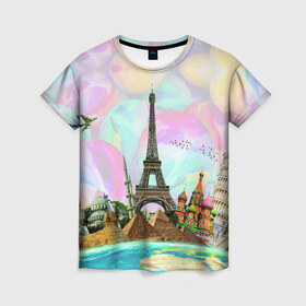 Женская футболка 3D с принтом Туризм в Новосибирске, 100% полиэфир ( синтетическое хлопкоподобное полотно) | прямой крой, круглый вырез горловины, длина до линии бедер | биг бен | египет | земля | кремль | лондон | москва | небо | океан | париж | пиза | пизанская башня | пирамиды | птицы | путешествия | самлет | страна | тайланд | туризм | часы