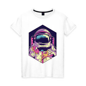 Женская футболка хлопок с принтом Космонавт с Едой в Новосибирске, 100% хлопок | прямой крой, круглый вырез горловины, длина до линии бедер, слегка спущенное плечо | астронавт | в космосе | галактика | еда | звезды | космонавт | космос | пицца | пончик