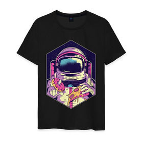Мужская футболка хлопок с принтом Космонавт с Едой в Новосибирске, 100% хлопок | прямой крой, круглый вырез горловины, длина до линии бедер, слегка спущенное плечо. | Тематика изображения на принте: астронавт | в космосе | галактика | еда | звезды | космонавт | космос | пицца | пончик