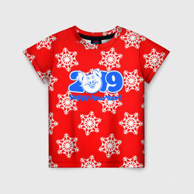 Детская футболка 3D с принтом HAPPY NEW YEAR 2019 в Новосибирске, 100% гипоаллергенный полиэфир | прямой крой, круглый вырез горловины, длина до линии бедер, чуть спущенное плечо, ткань немного тянется | Тематика изображения на принте: christmas | new year | pig | snow | год свиньи | ёлка | зима | кабан | каникулы | новогодний паттерн | новый год | праздник | рождество | свинья | снег | снежинки