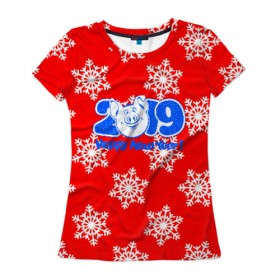 Женская футболка 3D с принтом HAPPY NEW YEAR 2019 в Новосибирске, 100% полиэфир ( синтетическое хлопкоподобное полотно) | прямой крой, круглый вырез горловины, длина до линии бедер | christmas | new year | pig | snow | год свиньи | ёлка | зима | кабан | каникулы | новогодний паттерн | новый год | праздник | рождество | свинья | снег | снежинки