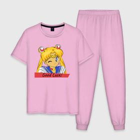 Мужская пижама хлопок с принтом Sailor Moon Good Luck в Новосибирске, 100% хлопок | брюки и футболка прямого кроя, без карманов, на брюках мягкая резинка на поясе и по низу штанин
 | Тематика изображения на принте: good luck | goodluck | sailor moon | sailormoon | мультик | мультяшка | надпись | сейлор мун | сейлормун | сэйлормун | удачи