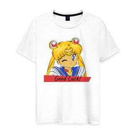 Мужская футболка хлопок с принтом Sailor Moon Good Luck в Новосибирске, 100% хлопок | прямой крой, круглый вырез горловины, длина до линии бедер, слегка спущенное плечо. | good luck | goodluck | sailor moon | sailormoon | мультик | мультяшка | надпись | сейлор мун | сейлормун | сэйлормун | удачи