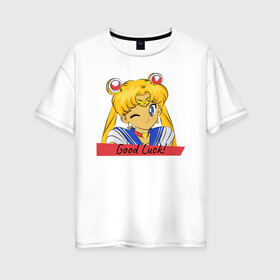 Женская футболка хлопок Oversize с принтом Sailor Moon Good Luck в Новосибирске, 100% хлопок | свободный крой, круглый ворот, спущенный рукав, длина до линии бедер
 | good luck | goodluck | sailor moon | sailormoon | мультик | мультяшка | надпись | сейлор мун | сейлормун | сэйлормун | удачи