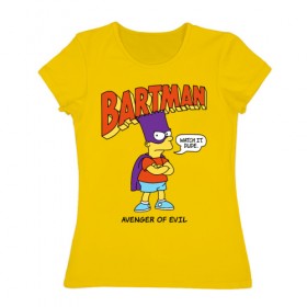 Женская футболка хлопок с принтом Барт Симпсон в Новосибирске, 100% хлопок | прямой крой, круглый вырез горловины, длина до линии бедер, слегка спущенное плечо | bart simpson | simpsons | барт | барт симпсон | бартмен | симпcоны | супергерой