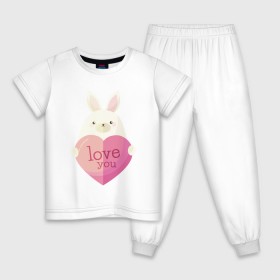 Детская пижама хлопок с принтом Милый зайчик love you в Новосибирске, 100% хлопок |  брюки и футболка прямого кроя, без карманов, на брюках мягкая резинка на поясе и по низу штанин
 | Тематика изображения на принте: iloveyou | love | влюбленным | деньвлюбленных | зайчик | заяц | кролик | люблю | люблютебя | любовь | милая | милота | милый | нежность | признанеивлюбвю | признание | пушистый | сердечко | сердце