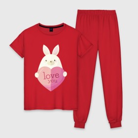 Женская пижама хлопок с принтом Милый зайчик love you в Новосибирске, 100% хлопок | брюки и футболка прямого кроя, без карманов, на брюках мягкая резинка на поясе и по низу штанин | Тематика изображения на принте: iloveyou | love | влюбленным | деньвлюбленных | зайчик | заяц | кролик | люблю | люблютебя | любовь | милая | милота | милый | нежность | признанеивлюбвю | признание | пушистый | сердечко | сердце