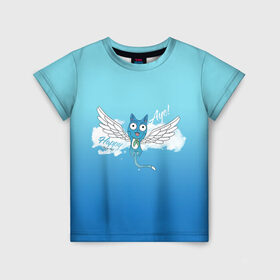 Детская футболка 3D с принтом Happy Aye! (Fairy Tail) в Новосибирске, 100% гипоаллергенный полиэфир | прямой крой, круглый вырез горловины, длина до линии бедер, чуть спущенное плечо, ткань немного тянется | Тематика изображения на принте: anime | blue | cat | fairy tail | happy | аниме | кот | кошка | синий | хвост феи | хэппи