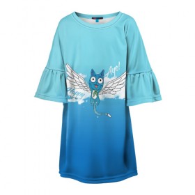 Детское платье 3D с принтом Happy Aye! (Fairy Tail) в Новосибирске, 100% полиэстер | прямой силуэт, чуть расширенный к низу. Круглая горловина, на рукавах — воланы | anime | blue | cat | fairy tail | happy | аниме | кот | кошка | синий | хвост феи | хэппи