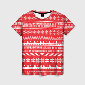 Женская футболка 3D с принтом Новогодний BATTLEFIELD в Новосибирске, 100% полиэфир ( синтетическое хлопкоподобное полотно) | прямой крой, круглый вырез горловины, длина до линии бедер | 2019 | битвы | год | новый | олени | поле | рождество | снежинки | тактический | узор | шутер