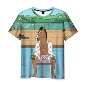Мужская футболка 3D с принтом Конь БоДжек в Новосибирске, 100% полиэфир | прямой крой, круглый вырез горловины, длина до линии бедер | bojack | hollywood | horseman | бассейн | боджек | конь