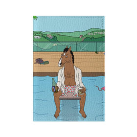 Обложка для паспорта матовая кожа с принтом Конь БоДжек в Новосибирске, натуральная матовая кожа | размер 19,3 х 13,7 см; прозрачные пластиковые крепления | Тематика изображения на принте: bojack | hollywood | horseman | бассейн | боджек | конь