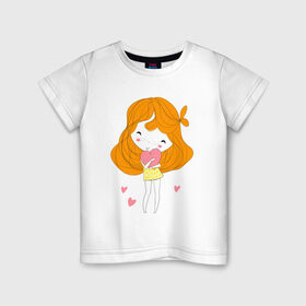 Детская футболка хлопок с принтом Девочка обнимает сердечко в Новосибирске, 100% хлопок | круглый вырез горловины, полуприлегающий силуэт, длина до линии бедер | Тематика изображения на принте: в горошек | девочка | розовая | розовое сердце | рыжая | сердечко | сердце | счастливая | счастье | улыбка
