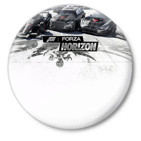 Значок с принтом Forza Horizon в Новосибирске,  металл | круглая форма, металлическая застежка в виде булавки | Тематика изображения на принте: games | playground | авто | гонки | горизонт | машины | сила | фестиваль | форза | хоризон