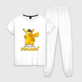 Женская пижама хлопок с принтом Detetive Pikachu в Новосибирске, 100% хлопок | брюки и футболка прямого кроя, без карманов, на брюках мягкая резинка на поясе и по низу штанин | detective | picachu | pokemon | детектив | пикачу | покемон
