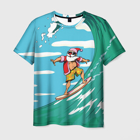 Мужская футболка 3D с принтом Cool Santa в Новосибирске, 100% полиэфир | прямой крой, круглый вырез горловины, длина до линии бедер | cool | creative | design | holiday | merry christmas | new year | sea | summer | surfing | wave | волна | дизайн | канары | креатив | круто | лето | море | новый год | рождество | сёрфинг