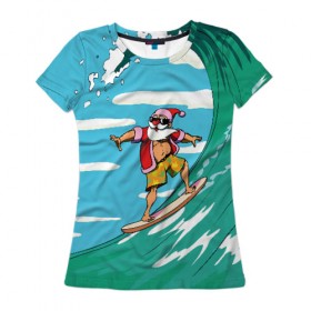 Женская футболка 3D с принтом Cool Santa в Новосибирске, 100% полиэфир ( синтетическое хлопкоподобное полотно) | прямой крой, круглый вырез горловины, длина до линии бедер | cool | creative | design | holiday | merry christmas | new year | sea | summer | surfing | wave | волна | дизайн | канары | креатив | круто | лето | море | новый год | рождество | сёрфинг