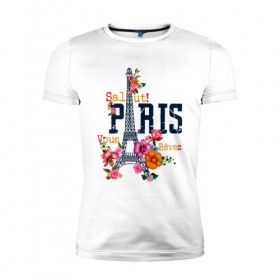 Мужская футболка премиум с принтом Salut PARIS в Новосибирске, 92% хлопок, 8% лайкра | приталенный силуэт, круглый вырез ворота, длина до линии бедра, короткий рукав | paris | башня | париж | салют | франция | французская | цветочки | цветы | эйфелева башня | эйфелевая башня