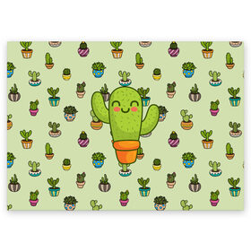 Поздравительная открытка с принтом Веселый кактус в Новосибирске, 100% бумага | плотность бумаги 280 г/м2, матовая, на обратной стороне линовка и место для марки
 | веселый | веселье | горшочек | зеленое | кактус | позитив | радость | растение | счастье | улыбка | цветок