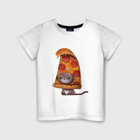 Детская футболка хлопок с принтом Котенок - пицца в Новосибирске, 100% хлопок | круглый вырез горловины, полуприлегающий силуэт, длина до линии бедер | арт | грибы | колбаса | котенок | кусок | пицца | рисунок | тесто