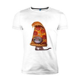 Мужская футболка премиум с принтом Котенок - пицца в Новосибирске, 92% хлопок, 8% лайкра | приталенный силуэт, круглый вырез ворота, длина до линии бедра, короткий рукав | Тематика изображения на принте: арт | грибы | колбаса | котенок | кусок | пицца | рисунок | тесто