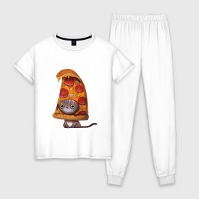 Женская пижама хлопок с принтом Котенок - пицца в Новосибирске, 100% хлопок | брюки и футболка прямого кроя, без карманов, на брюках мягкая резинка на поясе и по низу штанин | арт | грибы | колбаса | котенок | кусок | пицца | рисунок | тесто