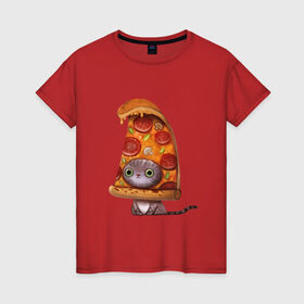 Женская футболка хлопок с принтом Котенок - пицца в Новосибирске, 100% хлопок | прямой крой, круглый вырез горловины, длина до линии бедер, слегка спущенное плечо | Тематика изображения на принте: арт | грибы | колбаса | котенок | кусок | пицца | рисунок | тесто