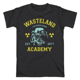 Мужская футболка хлопок с принтом Fallout в Новосибирске, 100% хлопок | прямой крой, круглый вырез горловины, длина до линии бедер, слегка спущенное плечо. | fallout | shelter | vault | wasteland | wasteland academy | игры | компьютерные игры | фолаут | фоллаут