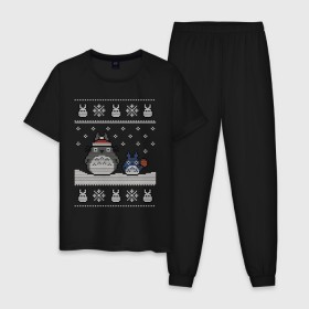 Мужская пижама хлопок с принтом New Year Totoro в Новосибирске, 100% хлопок | брюки и футболка прямого кроя, без карманов, на брюках мягкая резинка на поясе и по низу штанин
 | Тематика изображения на принте: 2019 | дед мороз | дом | елка | желание | животные | зима | кабан | милый | мороз | настроение | новый год | пеппа | подарок | позитив | поросенок | праздник | радость | рождество | санта клаус | свинка