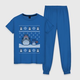 Женская пижама хлопок с принтом New Year Totoro в Новосибирске, 100% хлопок | брюки и футболка прямого кроя, без карманов, на брюках мягкая резинка на поясе и по низу штанин | 2019 | дед мороз | дом | елка | желание | животные | зима | кабан | милый | мороз | настроение | новый год | пеппа | подарок | позитив | поросенок | праздник | радость | рождество | санта клаус | свинка