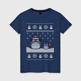 Женская футболка хлопок с принтом New Year Totoro в Новосибирске, 100% хлопок | прямой крой, круглый вырез горловины, длина до линии бедер, слегка спущенное плечо | 2019 | дед мороз | дом | елка | желание | животные | зима | кабан | милый | мороз | настроение | новый год | пеппа | подарок | позитив | поросенок | праздник | радость | рождество | санта клаус | свинка