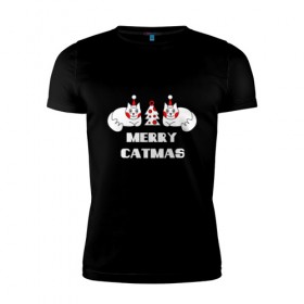 Мужская футболка премиум с принтом Merry Catmas в Новосибирске, 92% хлопок, 8% лайкра | приталенный силуэт, круглый вырез ворота, длина до линии бедра, короткий рукав | 
