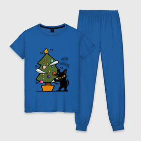 Женская пижама хлопок с принтом Merry Christmas в Новосибирске, 100% хлопок | брюки и футболка прямого кроя, без карманов, на брюках мягкая резинка на поясе и по низу штанин | 2019 | дед мороз | дом | елка | желание | животные | зима | кабан | милый | мороз | настроение | новый год | пеппа | подарок | позитив | поросенок | праздник | радость | рождество | санта клаус | свинка