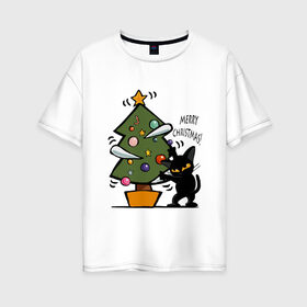 Женская футболка хлопок Oversize с принтом Merry Christmas в Новосибирске, 100% хлопок | свободный крой, круглый ворот, спущенный рукав, длина до линии бедер
 | 2019 | дед мороз | дом | елка | желание | животные | зима | кабан | милый | мороз | настроение | новый год | пеппа | подарок | позитив | поросенок | праздник | радость | рождество | санта клаус | свинка
