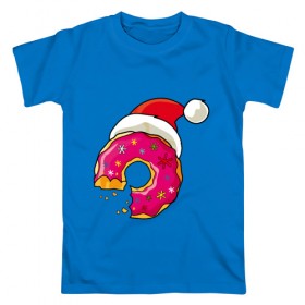 Мужская футболка хлопок с принтом Новогодний пончик в Новосибирске, 100% хлопок | прямой крой, круглый вырез горловины, длина до линии бедер, слегка спущенное плечо. | 2019 | дед мороз | дом | елка | желание | животные | зима | кабан | милый | мороз | настроение | новый год | пеппа | подарок | позитив | поросенок | праздник | радость | рождество | санта клаус | свинка