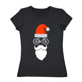 Женская футболка хлопок с принтом Санта - велосипедист в Новосибирске, 100% хлопок | прямой крой, круглый вырез горловины, длина до линии бедер, слегка спущенное плечо | 