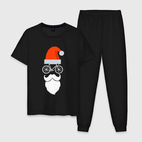 Мужская пижама хлопок с принтом Санта - велосипедист в Новосибирске, 100% хлопок | брюки и футболка прямого кроя, без карманов, на брюках мягкая резинка на поясе и по низу штанин
 | Тематика изображения на принте: 