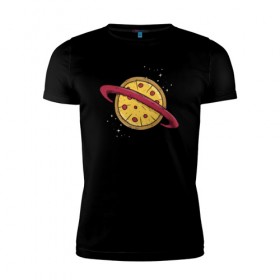 Мужская футболка премиум с принтом Пицца Планета в Новосибирске, 92% хлопок, 8% лайкра | приталенный силуэт, круглый вырез ворота, длина до линии бедра, короткий рукав | галактика | пицца | планета | планеты | с едой | сатурн